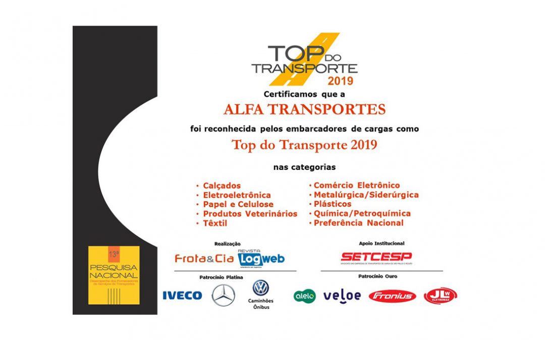 Alfa Transportes é Top do Transporte 2019