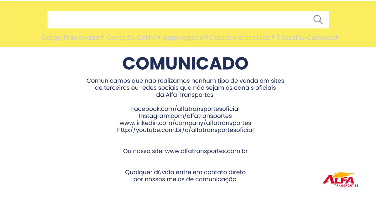 Comunicado Canais Oficiais Alfa Transportes